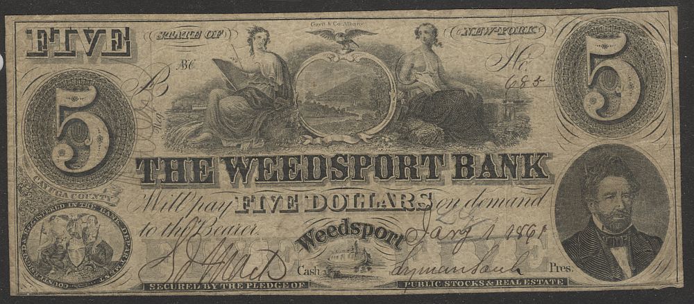 Weedsport, NY, 1861 $5, Haxby NY-2905; S-5, F/VF